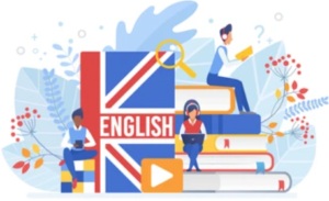 people sitting on a stack of books and a book with the Union Jack on it